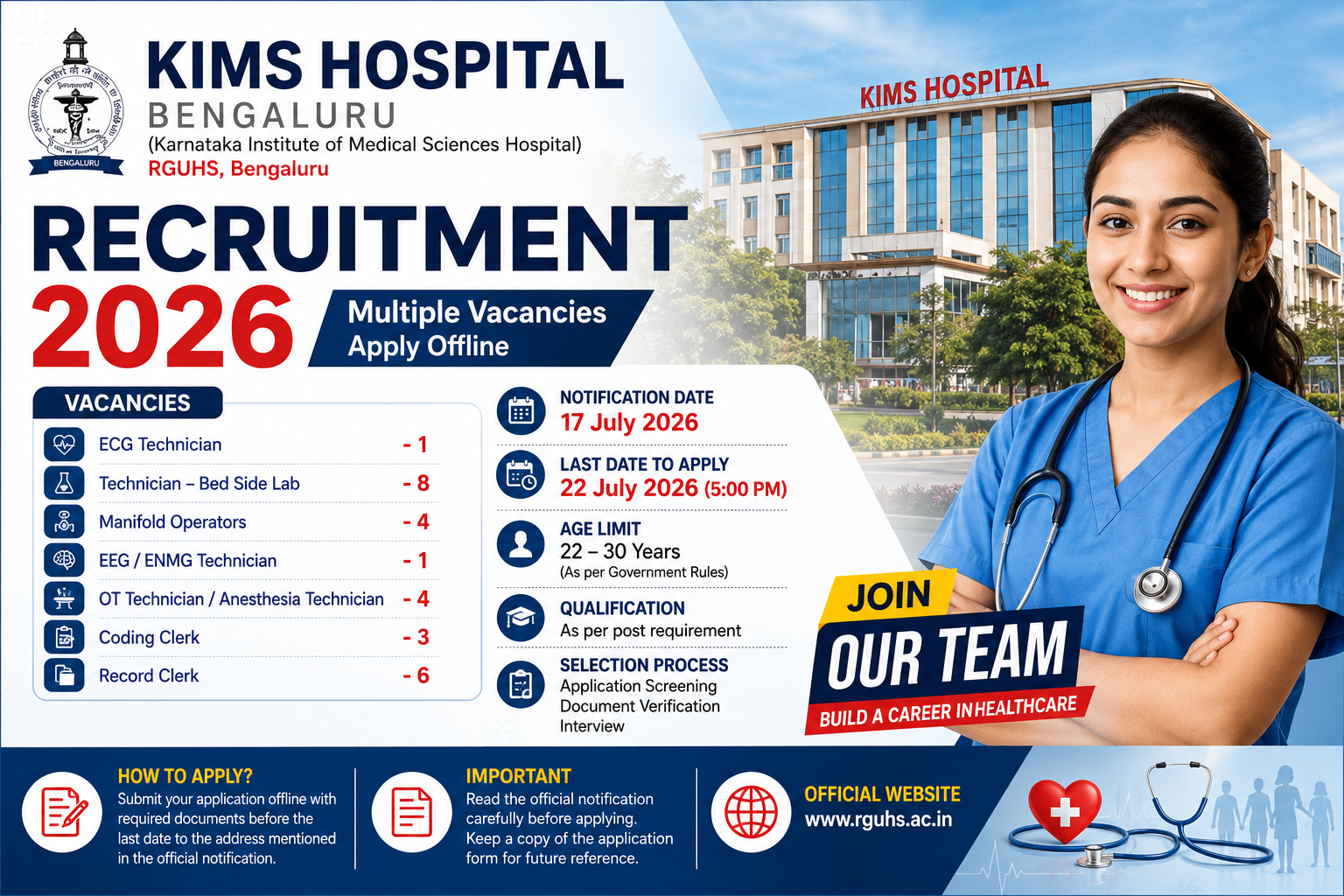 KIMS Hospital Bengaluru Recruitment 2026 | Apply Online for Technician & Clerk Jobs
