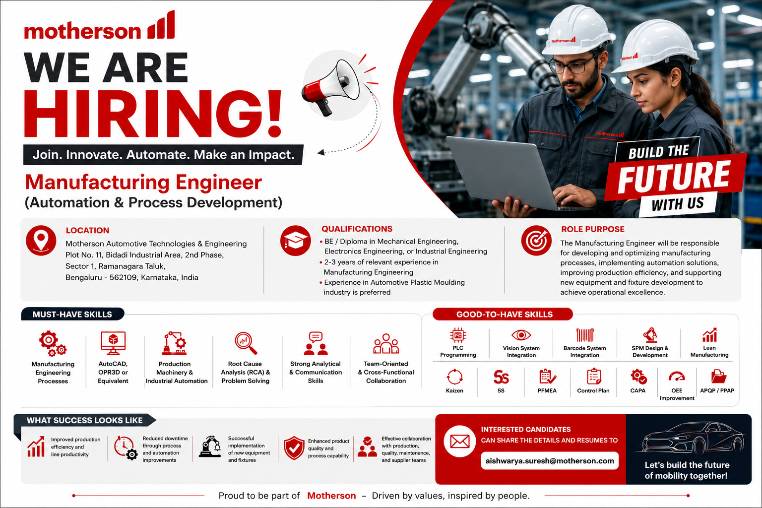 Motherson Hiring Manufacturing Engineers in Bengaluru – Apply Now